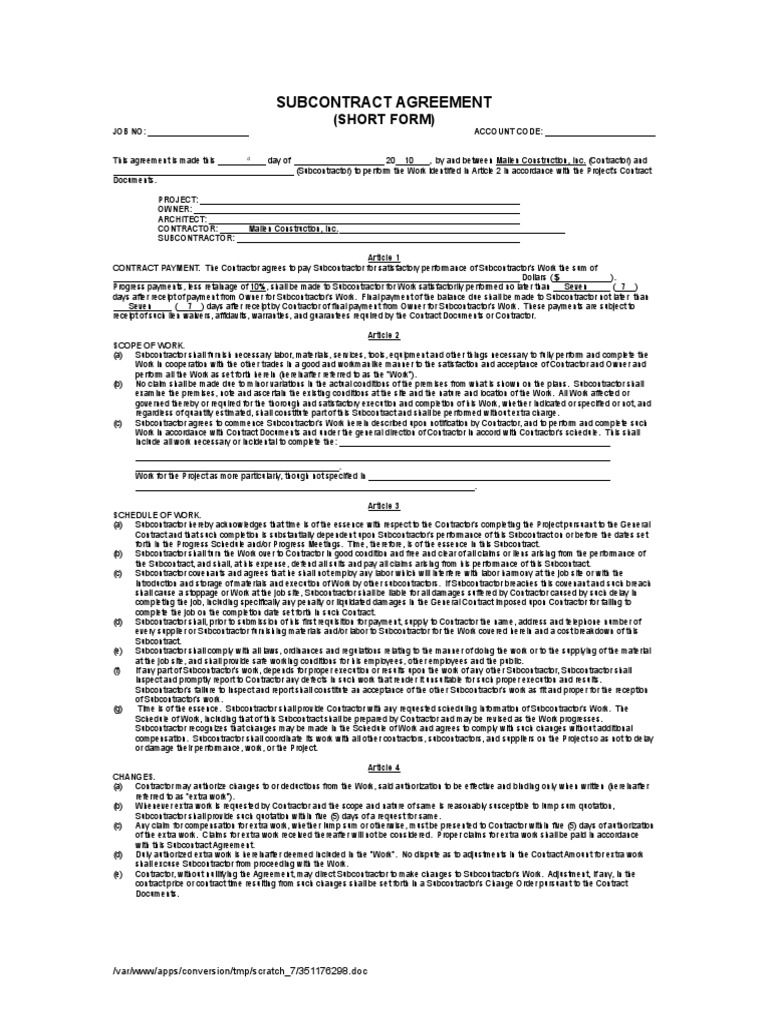 Subcontract Agreement Template | PDF | Indemnity | Insurance