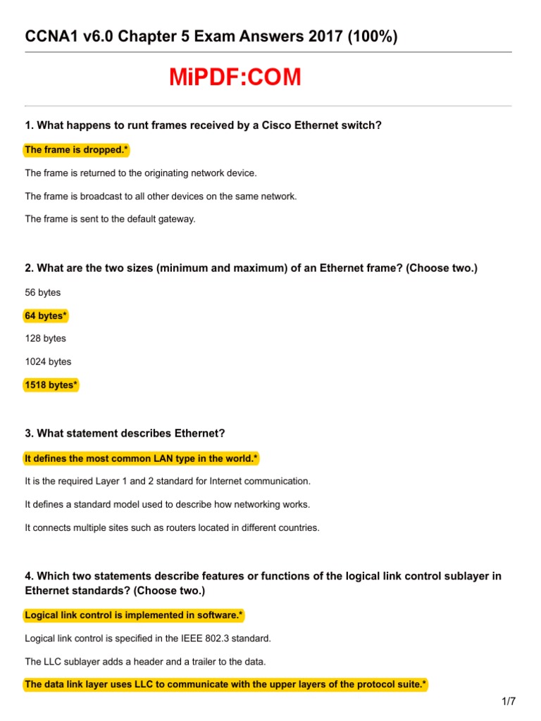 Ccna 1 Chapter 5 Exam Answers