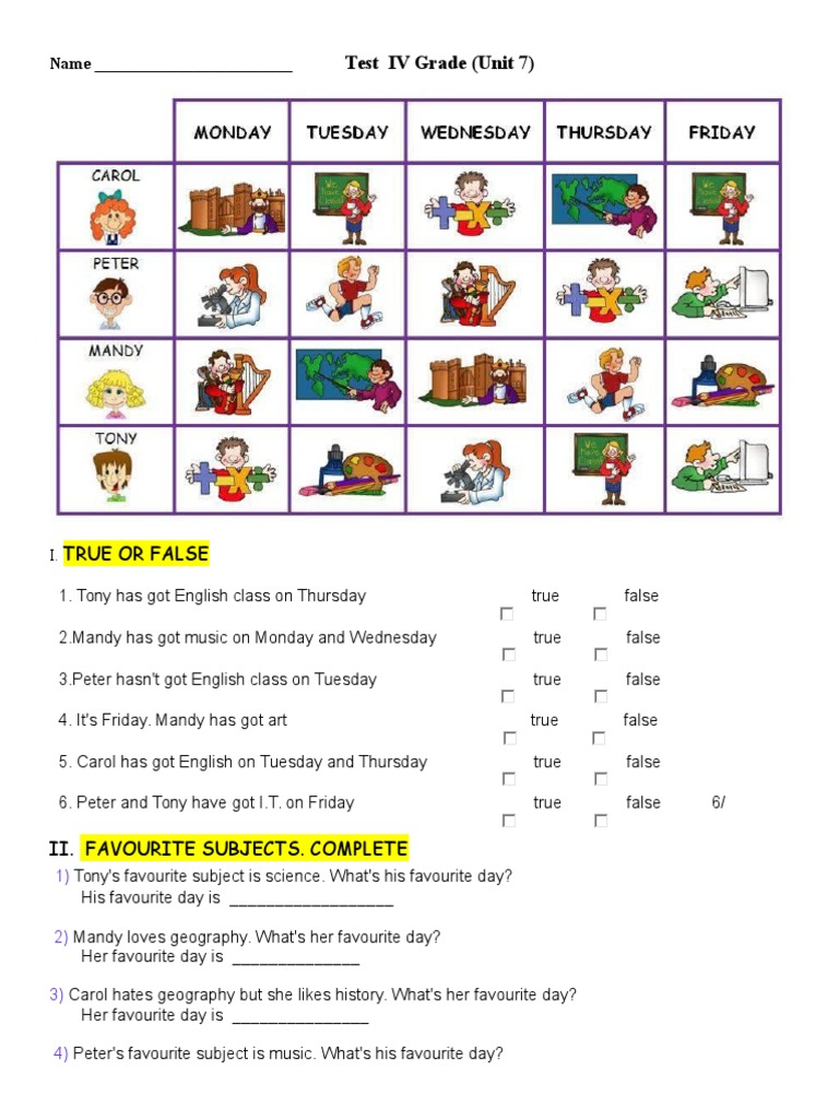 Grade 4 Unit 7 Test: Subjects & Grammar | PDF | Language Arts & Discipline
