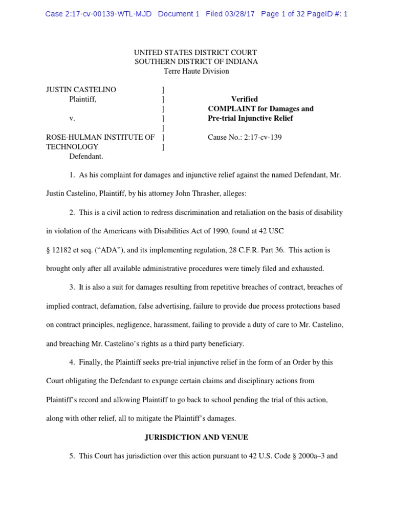 RoseHulman Court Complaint PDF Americans With Disabilities Act Of