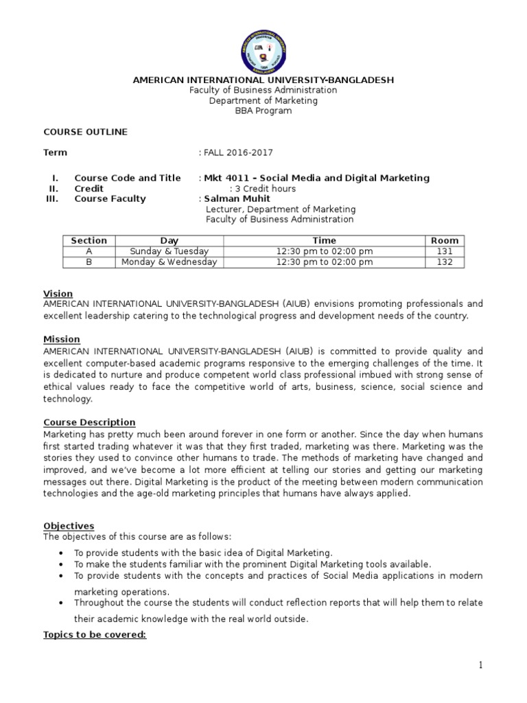 Course Outline Social Media and Digital Marketing Fall 20162017