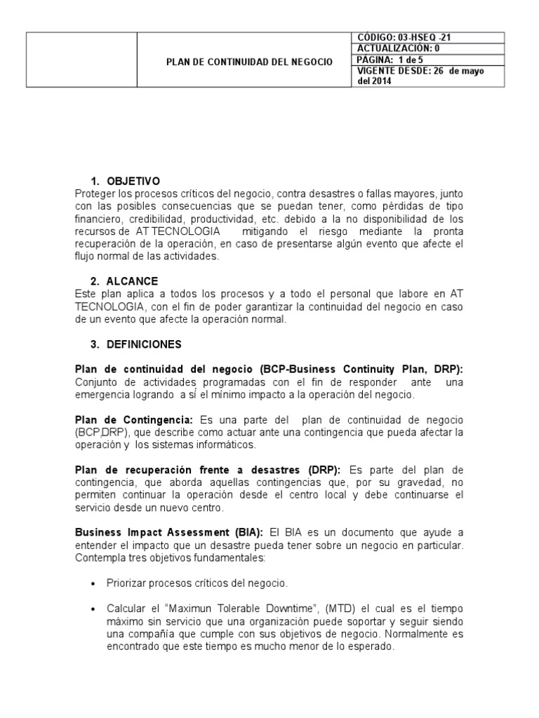 Plan de Continuidad Del Negocio | PDF | Informática y tecnología de la ...