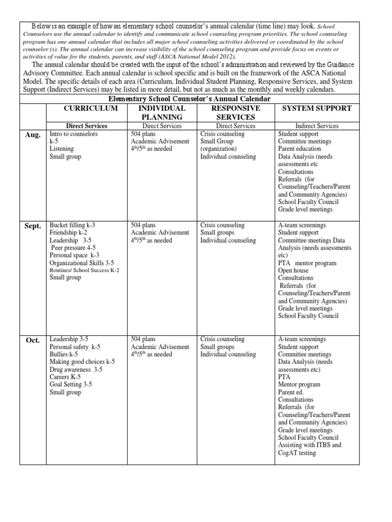 School Counselor Annual Calendar Example