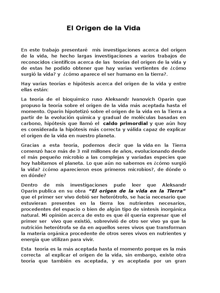 Teorías sobre el Origen de la Vida | PDF | Creacionismo | Abiogénesis