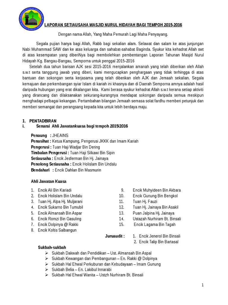 Laporan Tahunan Masjid Nurul Hidayah Pdf