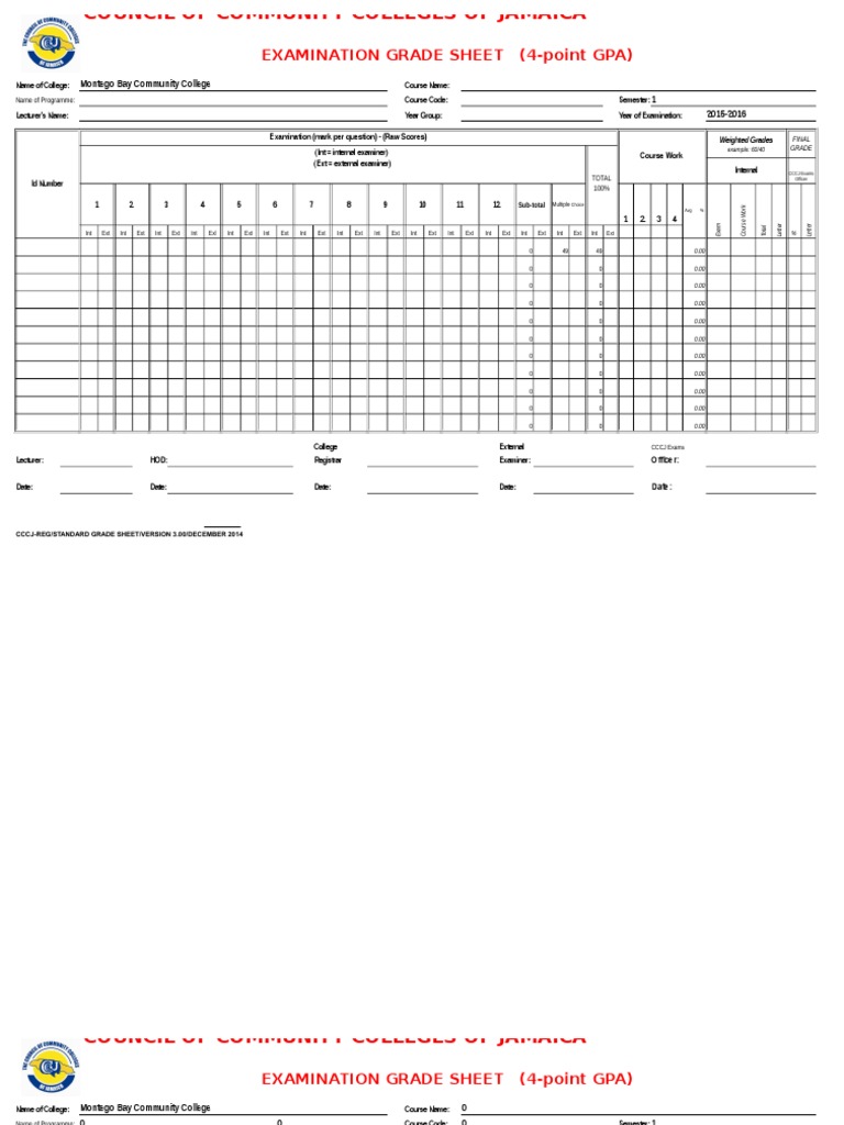 Montego Bay College Exam Grade Sheet | PDF | Test (Assessment) | Change