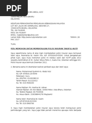 Surat Pembatalan Insuran Takadul Nutp Pdf