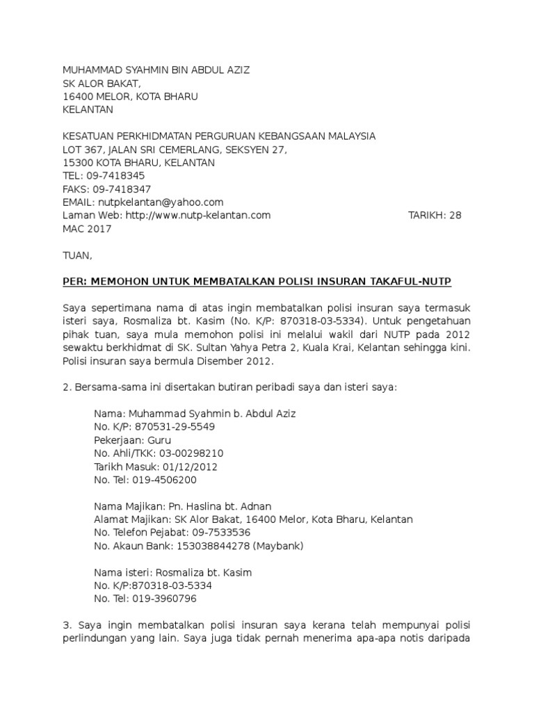 Surat Pembatalan Insuran Takadul-NUTP | PDF