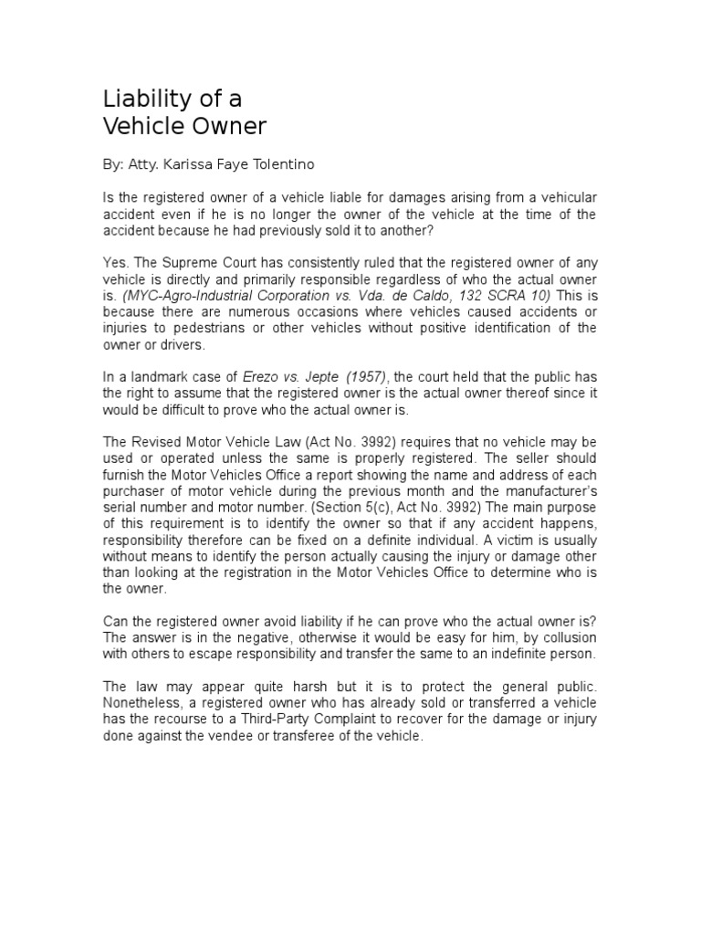 Vehicle Owner Liability Explained | PDF | Finance & Money Management ...