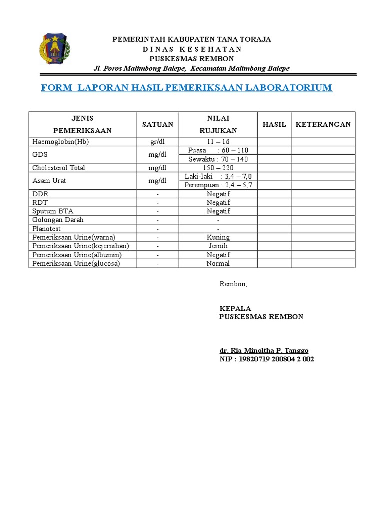 Form Laporan Hasil Pemeriksaan Lab | PDF