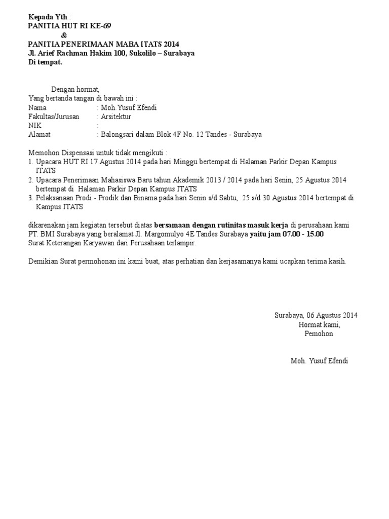 Surat Permohonan Dispensasi