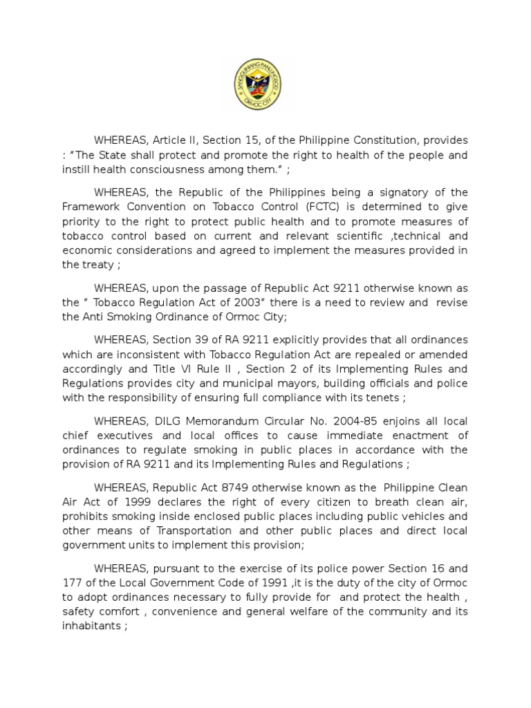 ORDINANCE NO 17 03 Cigar | Electronic Cigarette | Tobacco Smoking