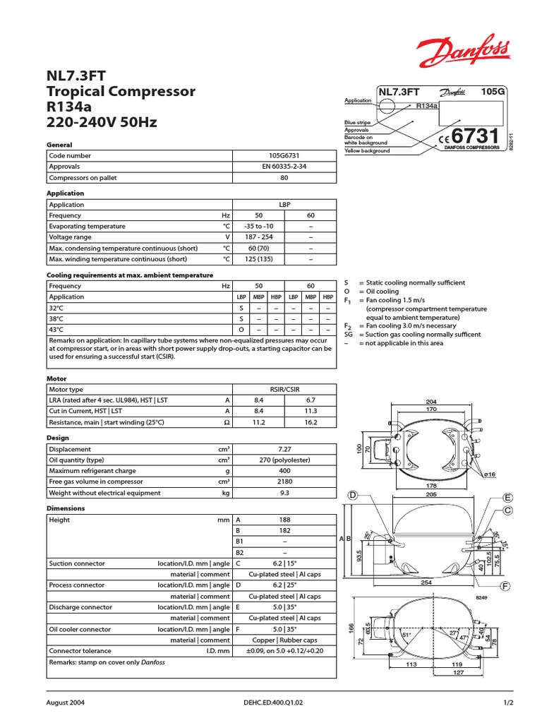 Danfoss 1 Nl73ft Oc R134a 220v 50hz 08 2004 Ed400q102 Gas