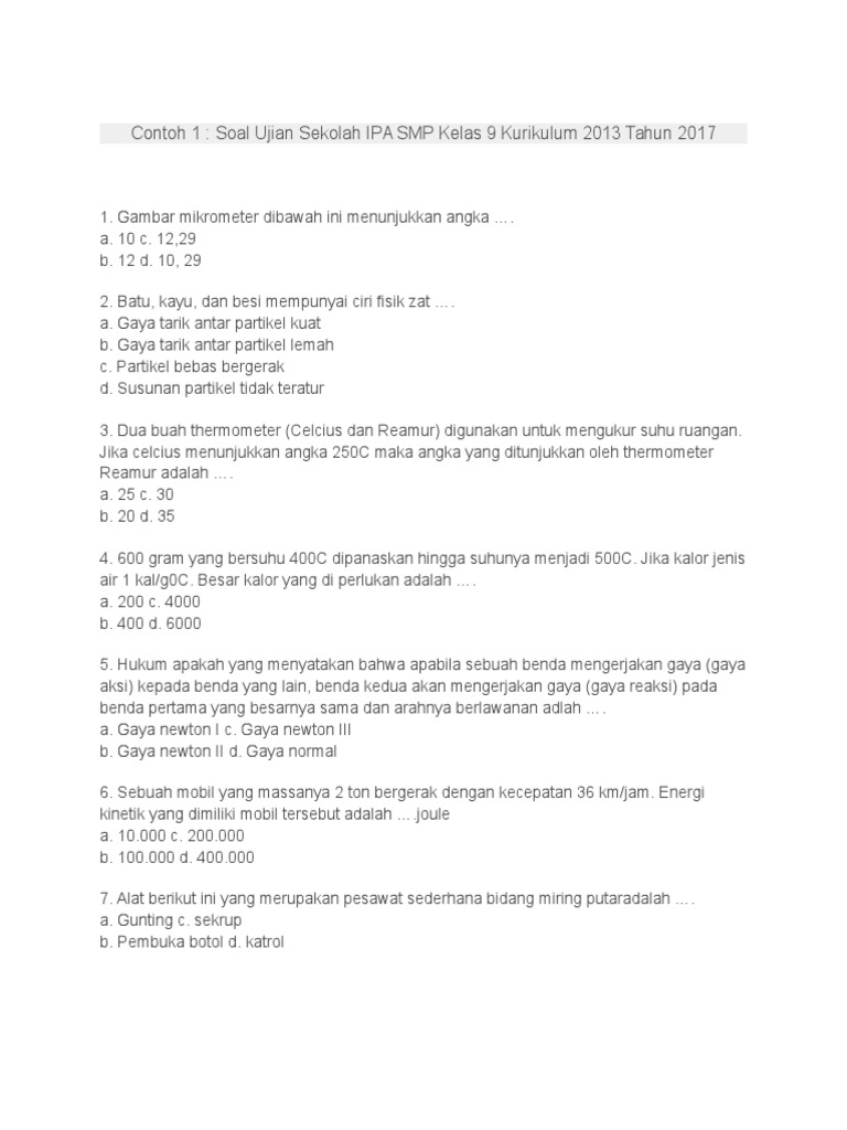 2 Contoh Soal Ujian Sekolah Ipa Smp Kelas 9 Kurikulum 2013 Tahun 2017