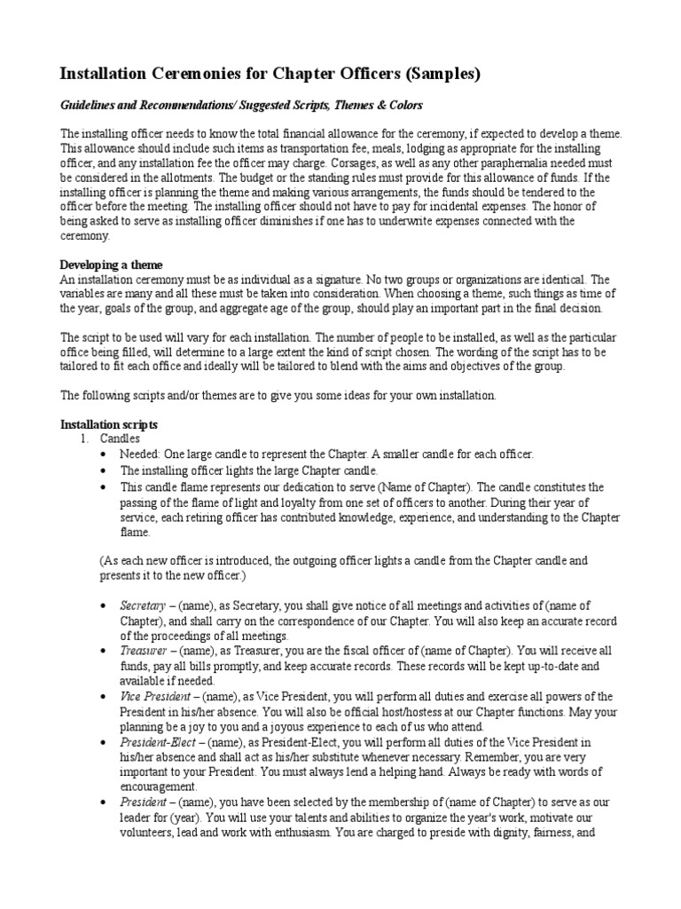 Chapter Installation Ceremony Samples | Committee | Secretary | Free 30 ...