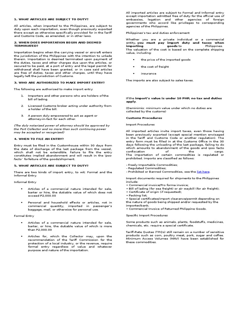 An Overview of Philippines' Import Procedures and Taxation Requirements