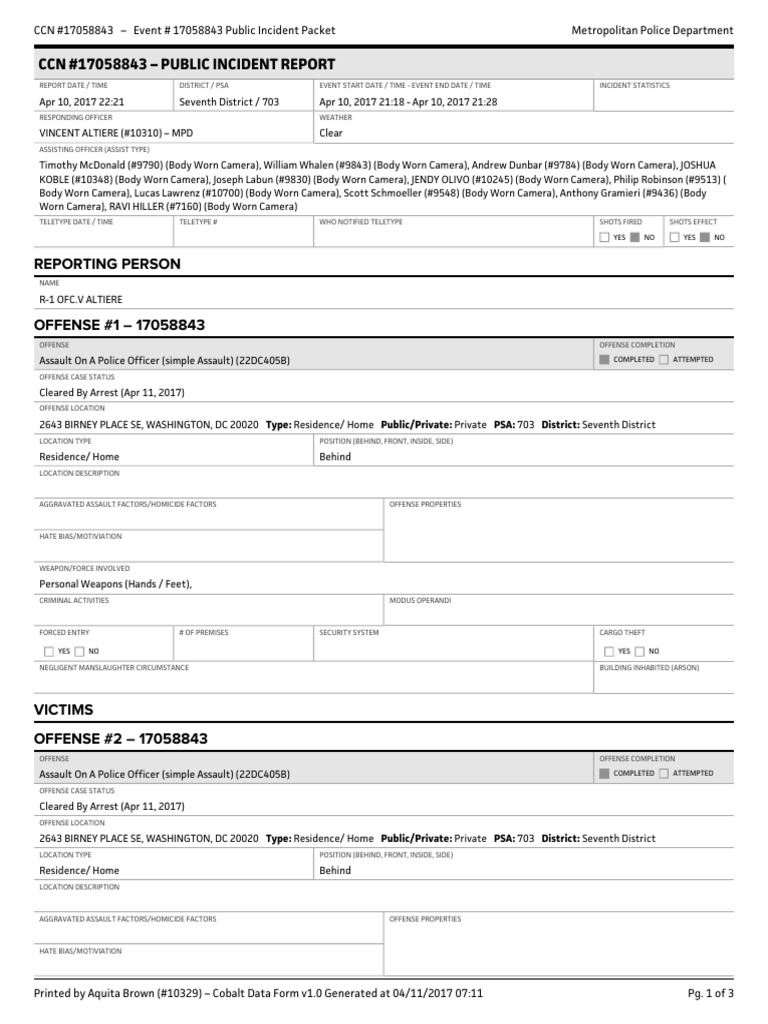 D.C. Assault Police Report | Manslaughter | Assault