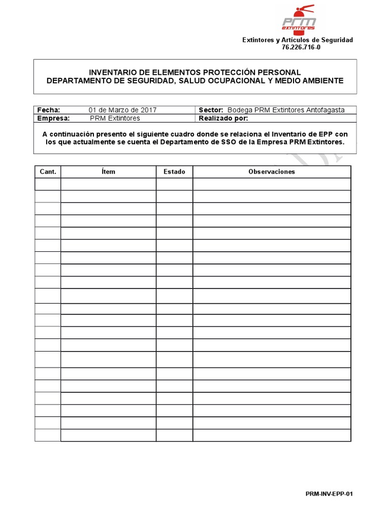 Inventario De Elementos Protección Personal Departamento  Inventario De Elementos Protección Personal Departamento