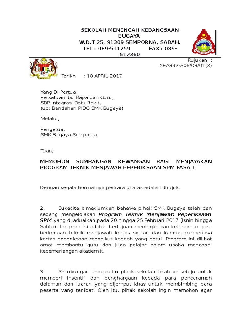 Contoh Surat Memohon Sumbangan Jamuan Kepada Pibg