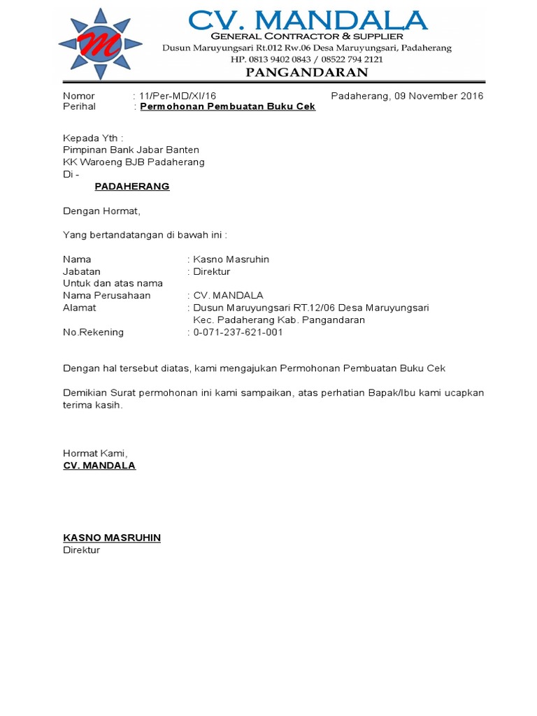 Surat Permohonan Bilyet Giro Atau Cek