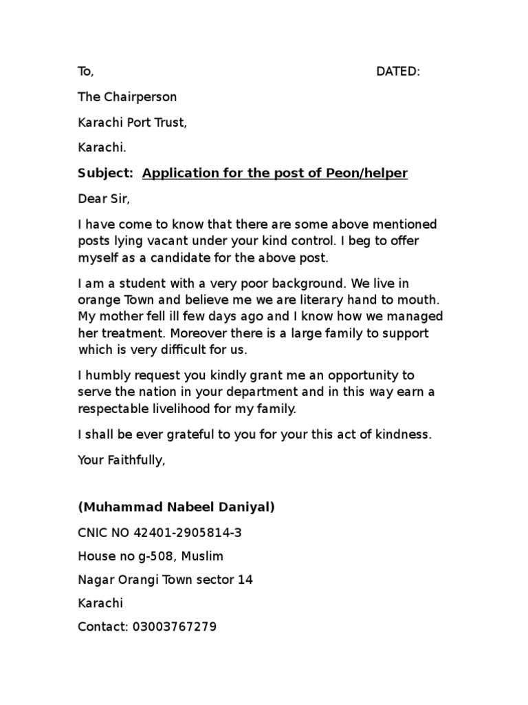 Subject: Application For The Post of Peon/helper | PDF