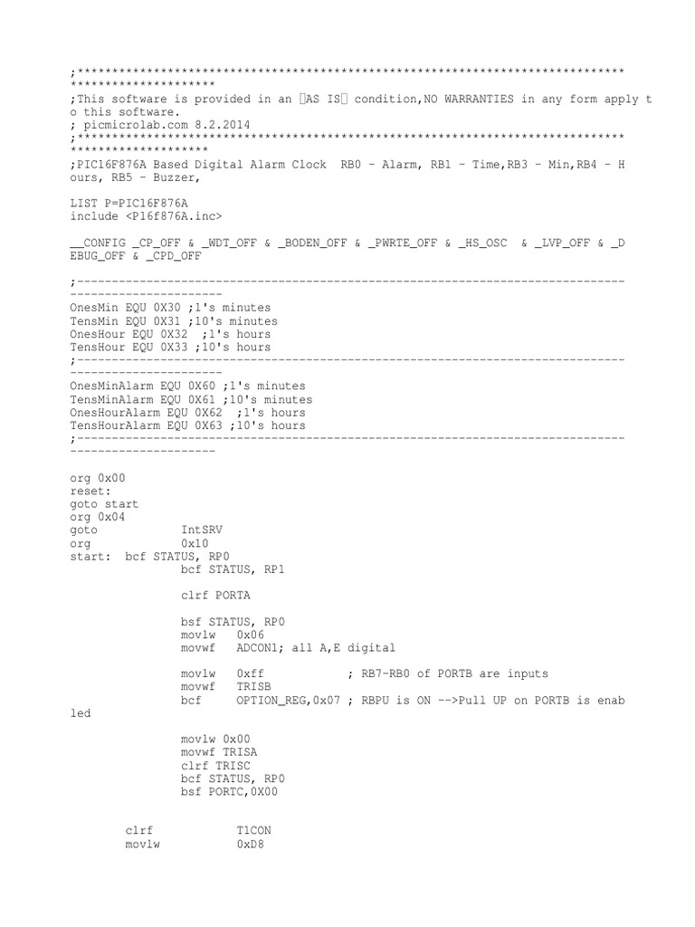 Demo Digital Alarm Clock Assembly Source Code | PDF | Clock | Horology