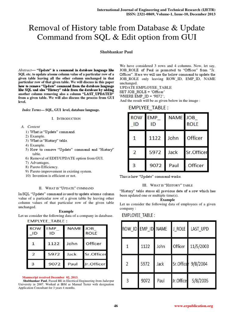 Removal of History Table From Database & Update Command From SQL & Edit ...