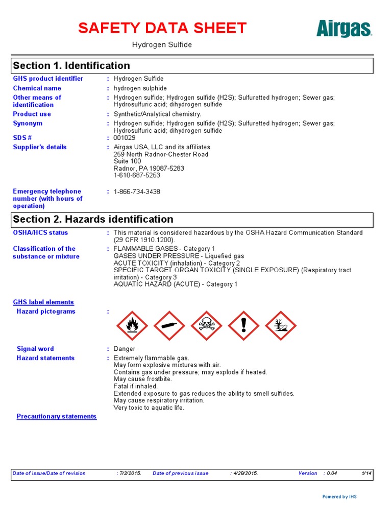 Msds h2s Gas Toxicity Dangerous Goods