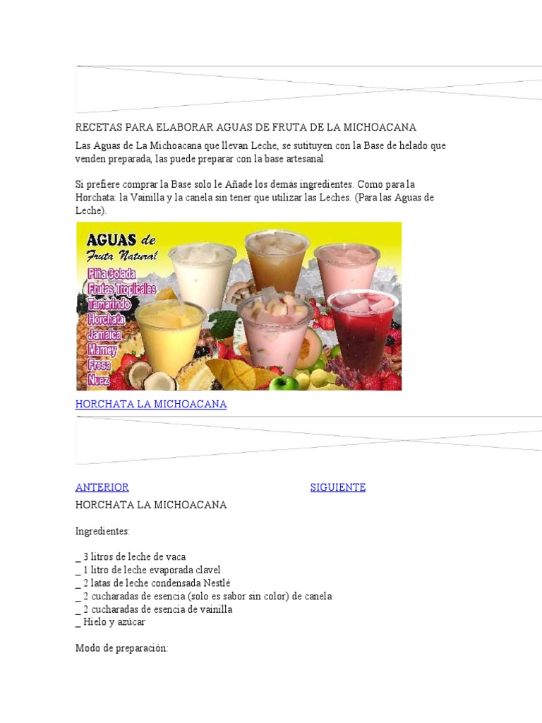Recetas para Elaborar Aguas de Fruta de La Michoacana | PDF | Helado |  Bebida