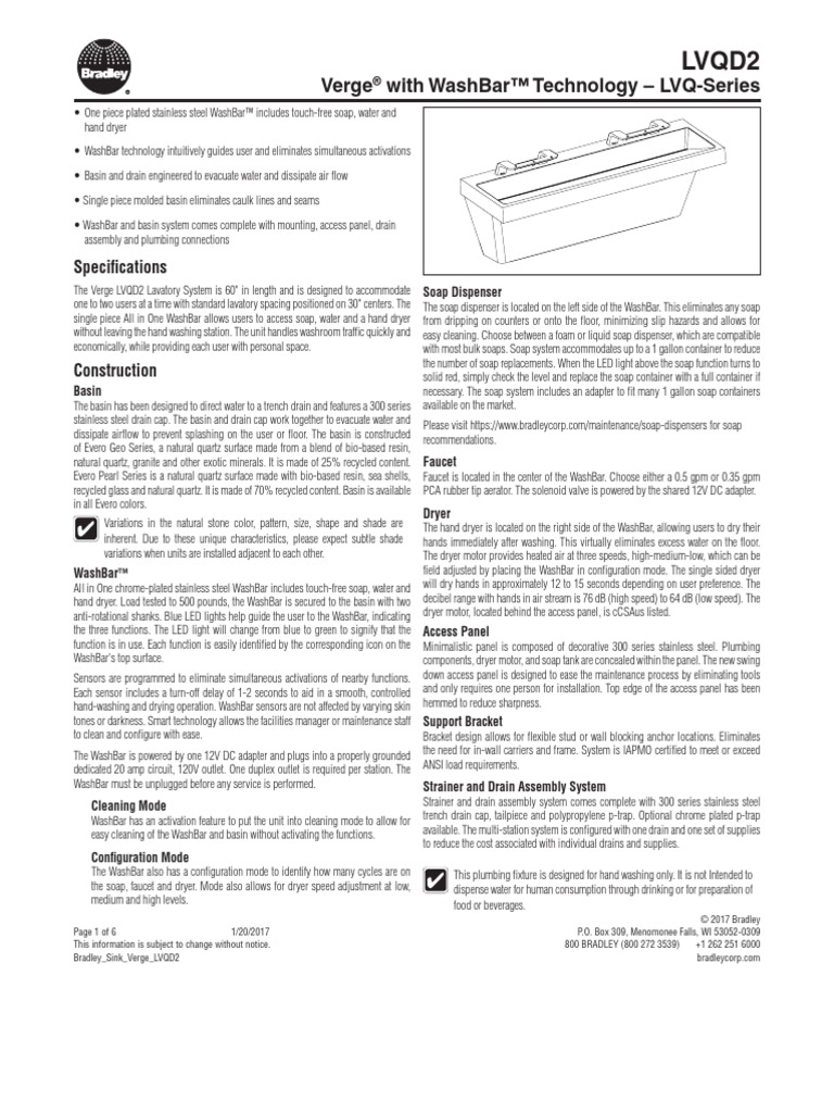 Bradley Sink Verge LVQD2 PDF | PDF | Clothes Dryer | Hand Washing