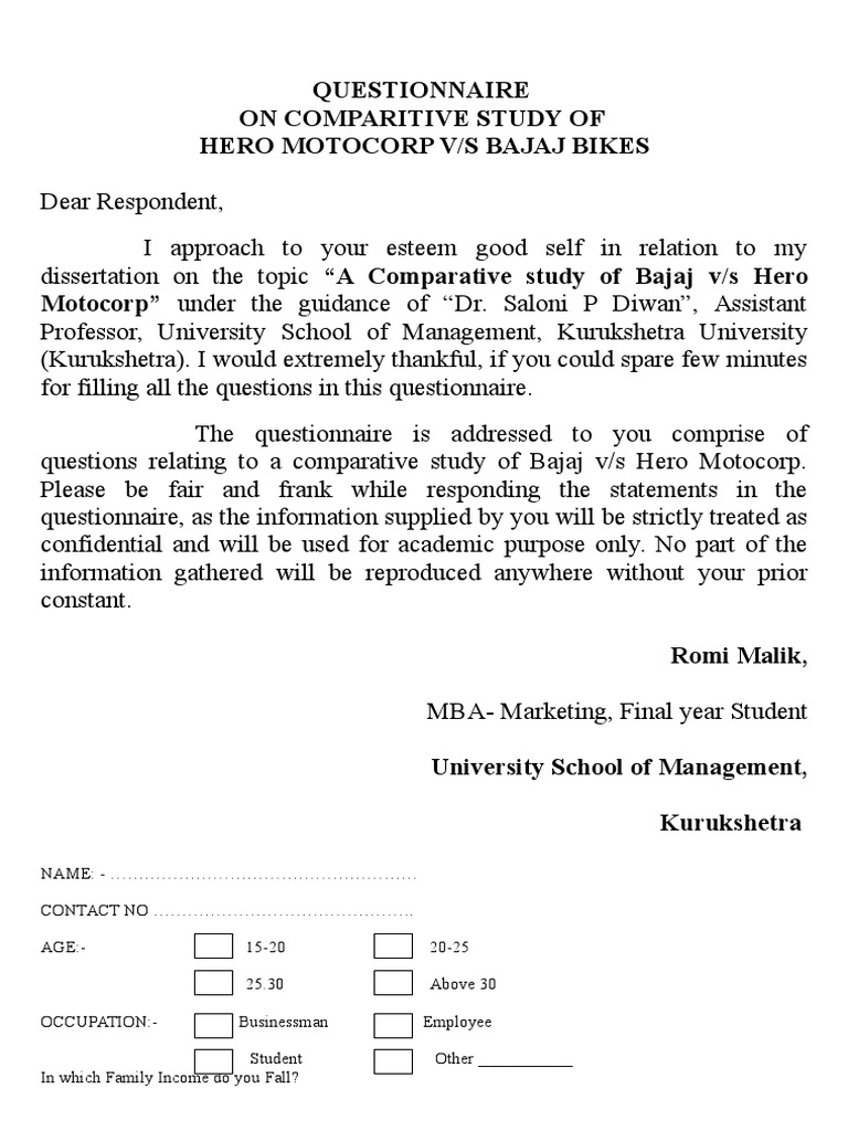 Questionnaire On Comparitive Study of Hero Motocorp V/S Bajaj Bikes ...