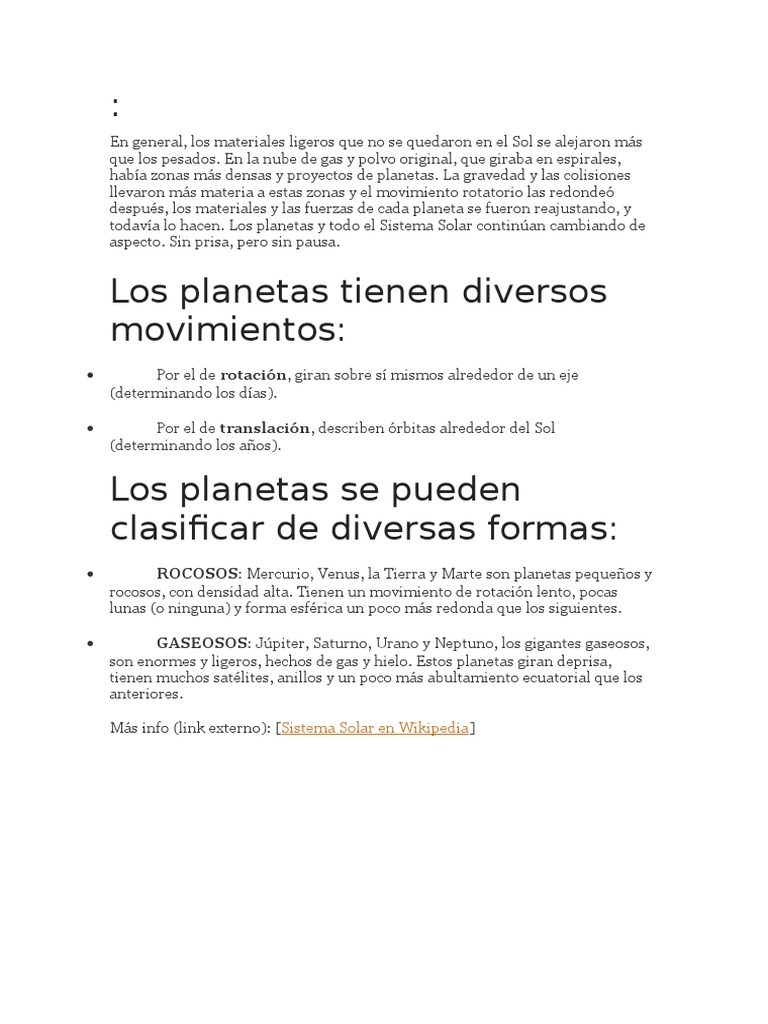 Clasificación y movimientos de planetas | PDF