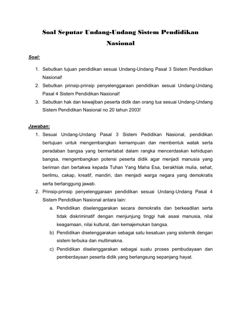 Soal Seputar Undang Undang Sistem Pendidikan Nasional