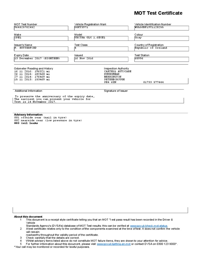 MOT Test Certificate Vehicles Land Transport
