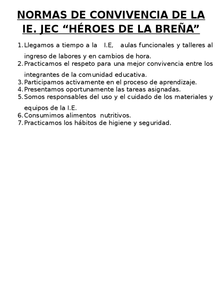Normas de Convivencia Escolar en la IE | PDF