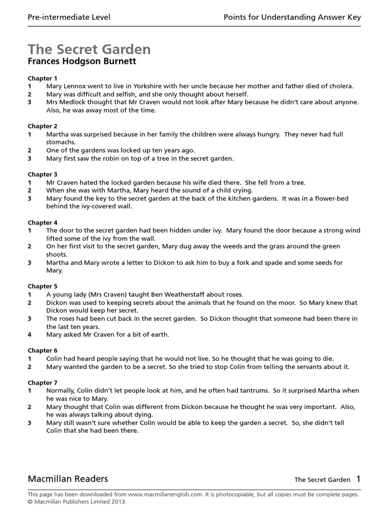 The Secret Garden Points For Understanding Answer Key Pdf The