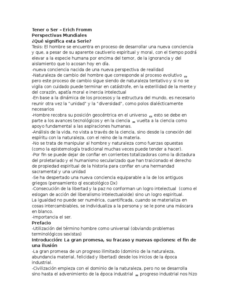 Tener o Ser Erich Fromm resumen cap. 1 y 2