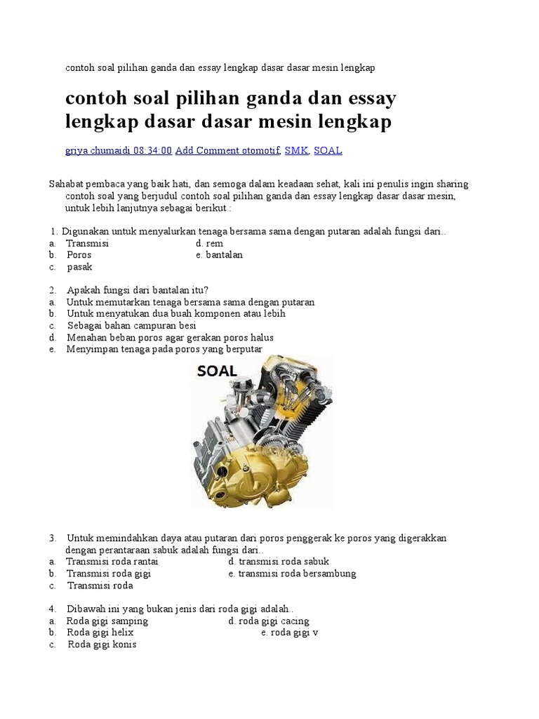 Contoh Soal Pilihan Ganda Dan Essay Lengkap Dasar Dasar Mesin Lengkap