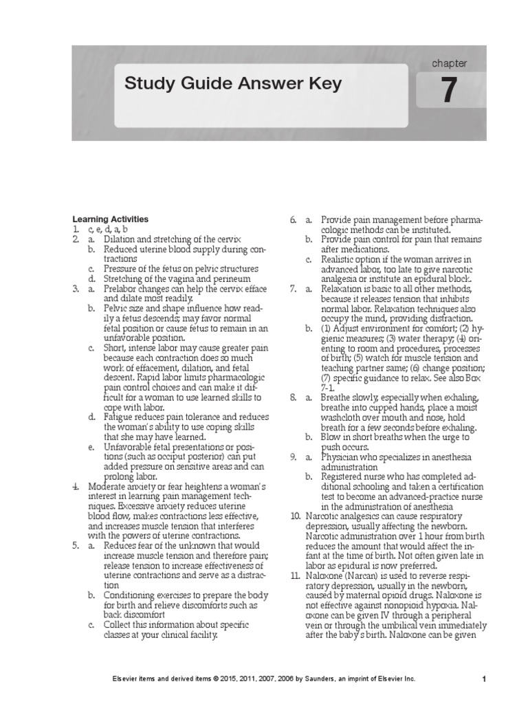 Leifer Chapter 07 Study Guide Answer Key | PDF | Childbirth | Anesthesia