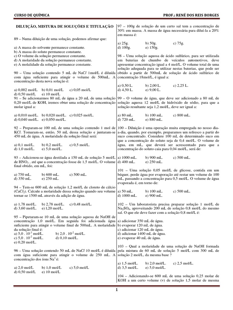 Exercicios de Diluicao Mistura de Solucoes e Titulacao PDF | PDF ...