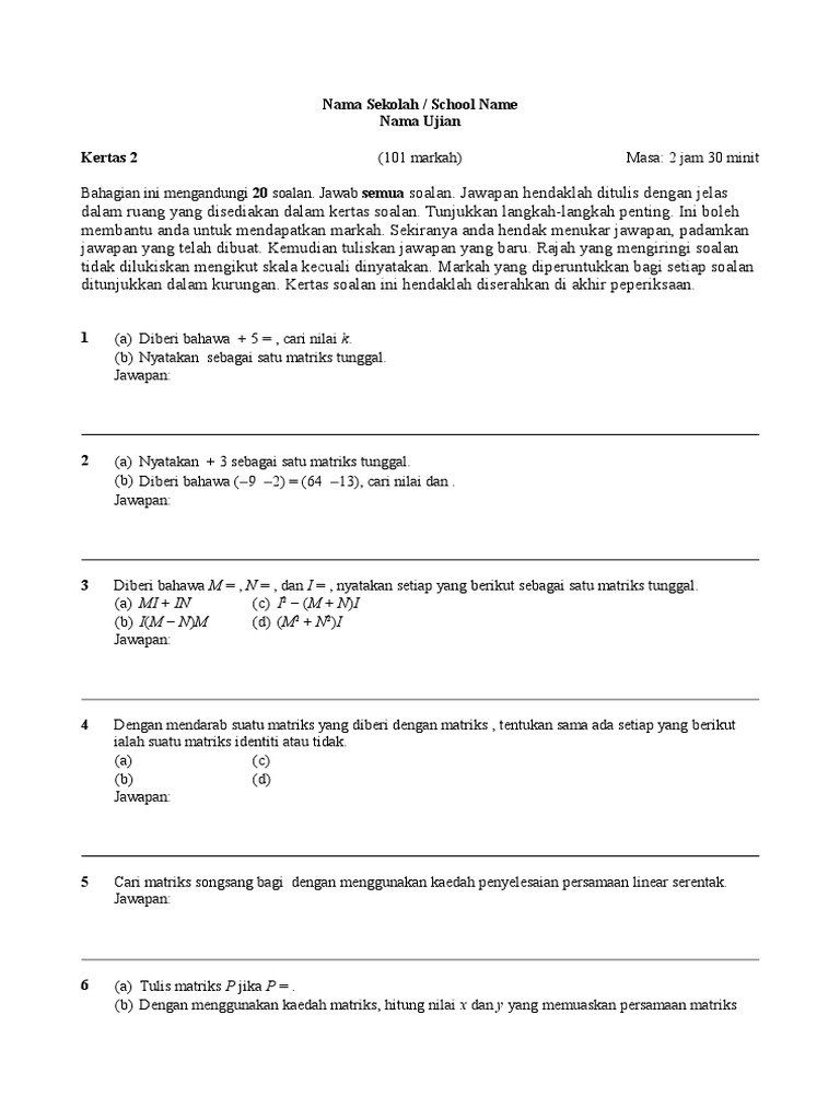 Contoh Soalan Persamaan Linear Spm - Selangor r