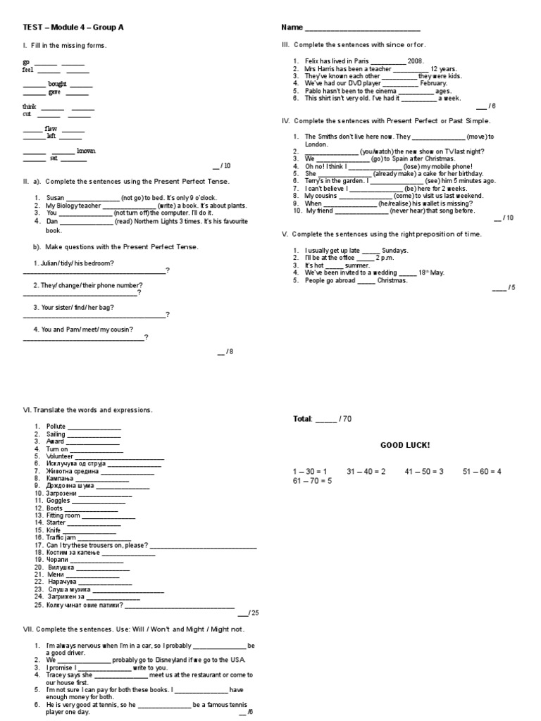 TEST Module 3 & 4 Angliski | PDF | Leisure