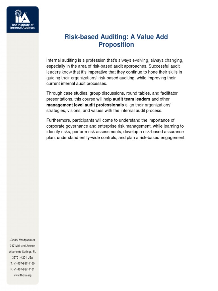 RiskBased Auditing A Value Add Proposition PDF Internal Audit