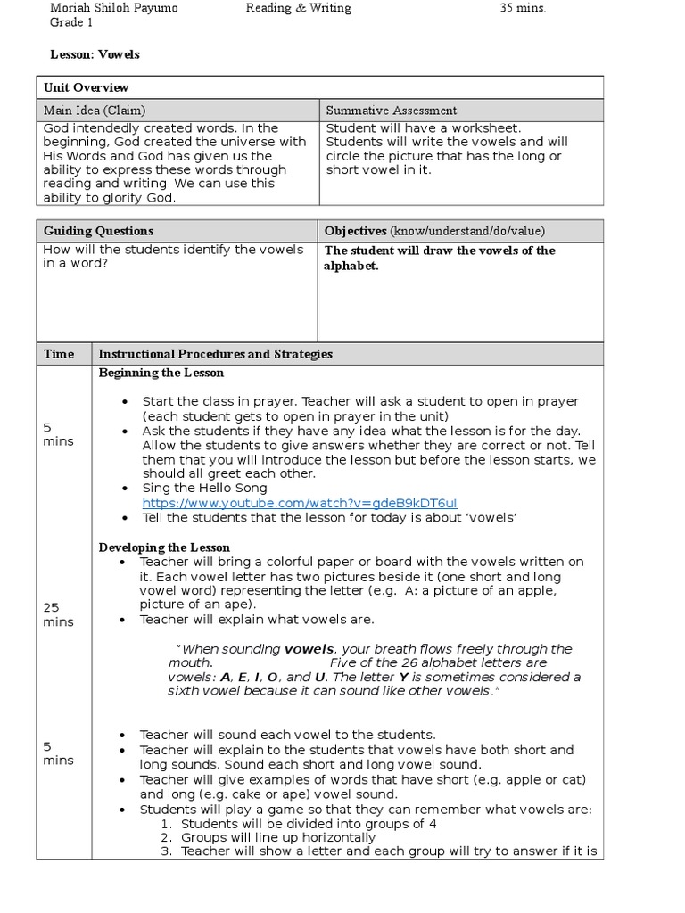 lesson plan 1 vowels complete | Educational Assessment | Lesson Plan
