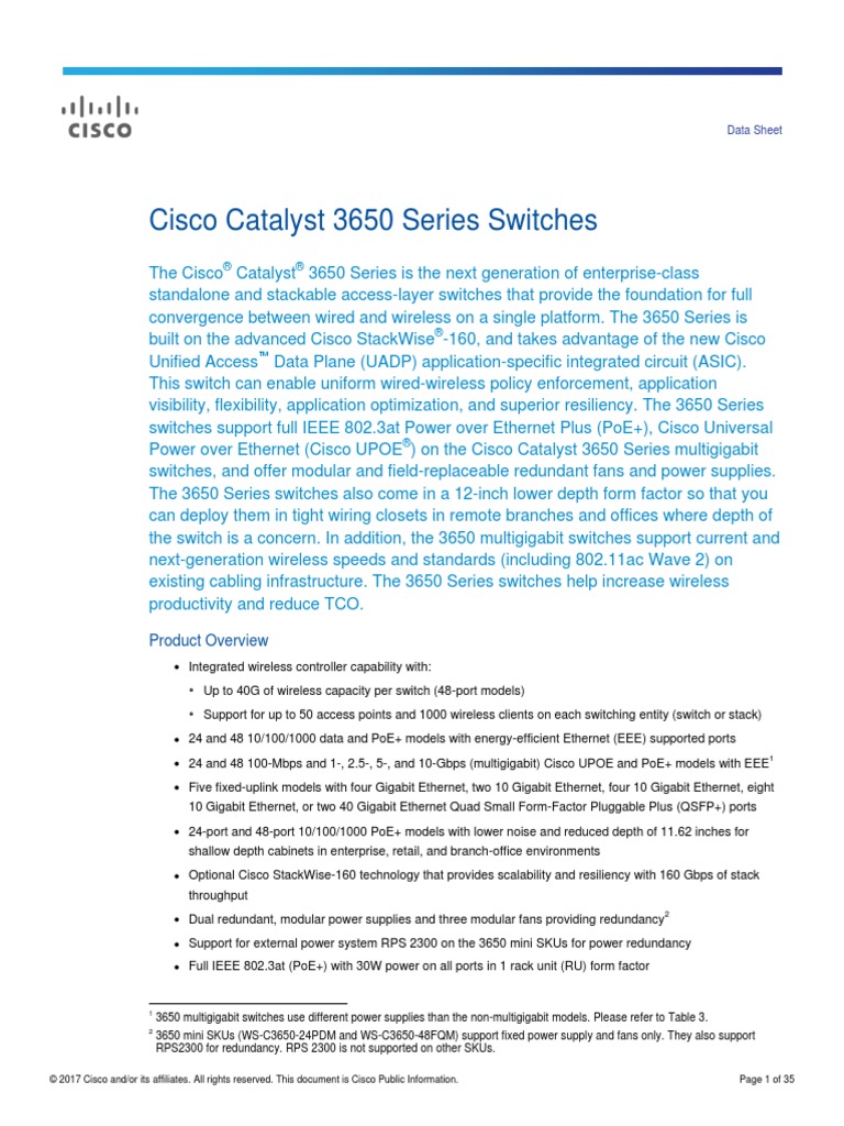 Cisco Catalyst 3650 Data Sheet Network Switch Computer Network