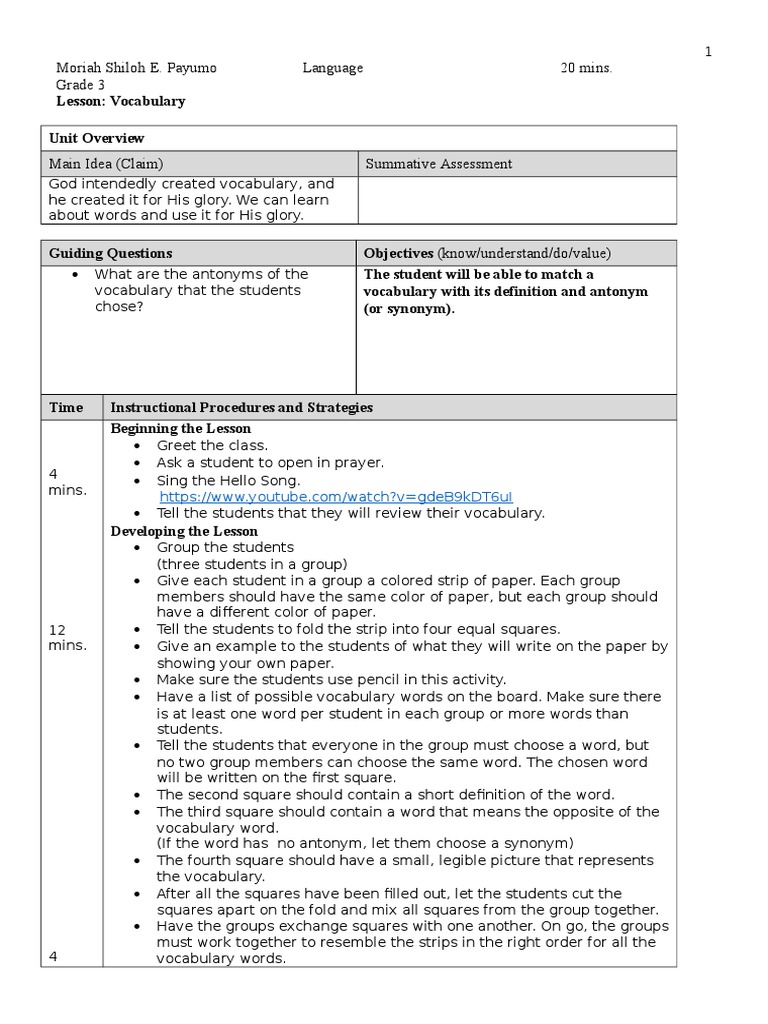 Mini Vocabulary Lesson Plan | PDF | Educational Assessment | Quality Of ...
