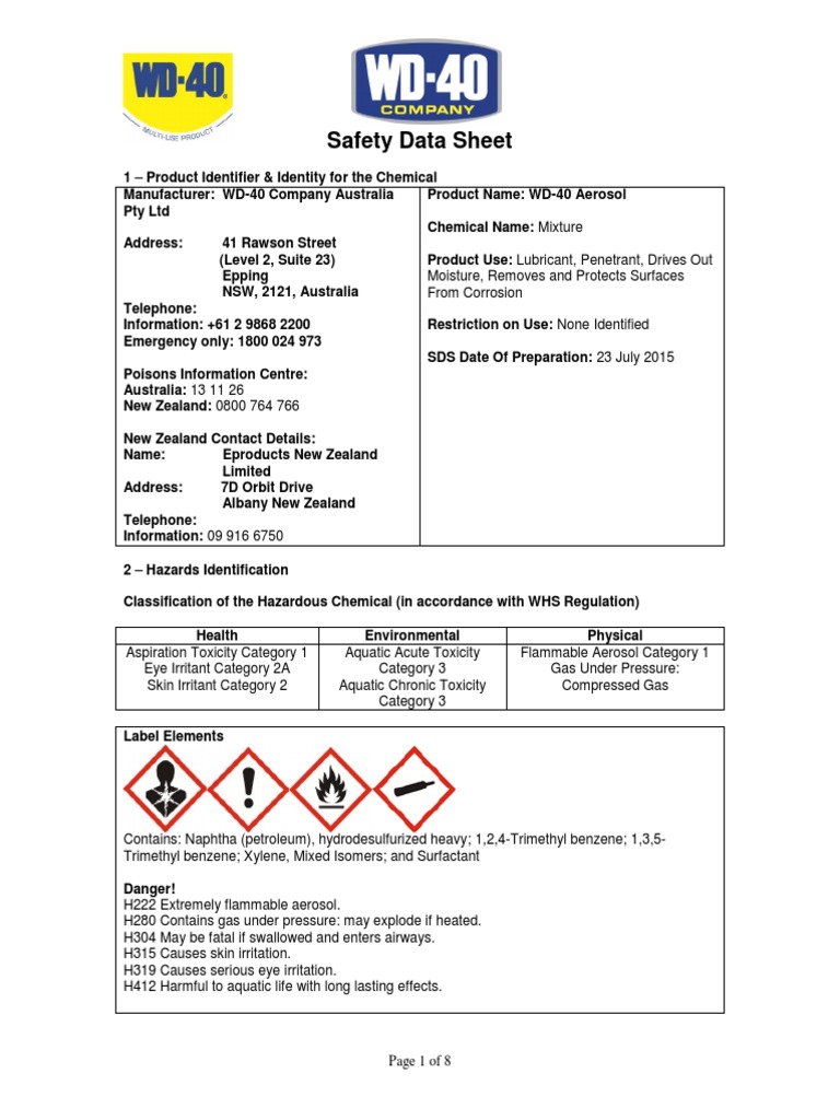 WD 40 Toxicity Dangerous Goods