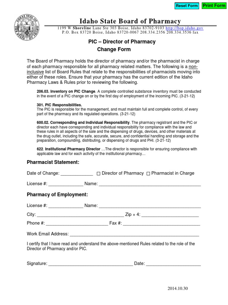 Idaho Pharmacy PIC Change Form | PDF | Business | Law