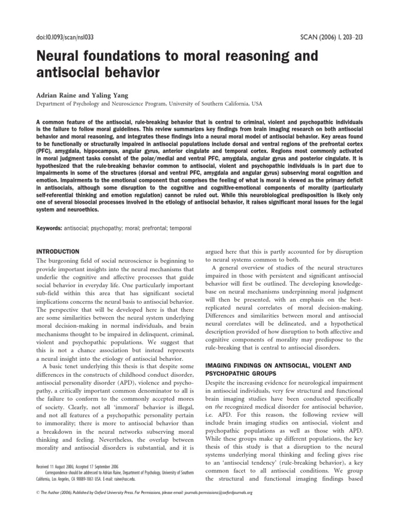 Neural Basis of Antisocial Behavior | PDF | Psychopathy | Dorsolateral ...