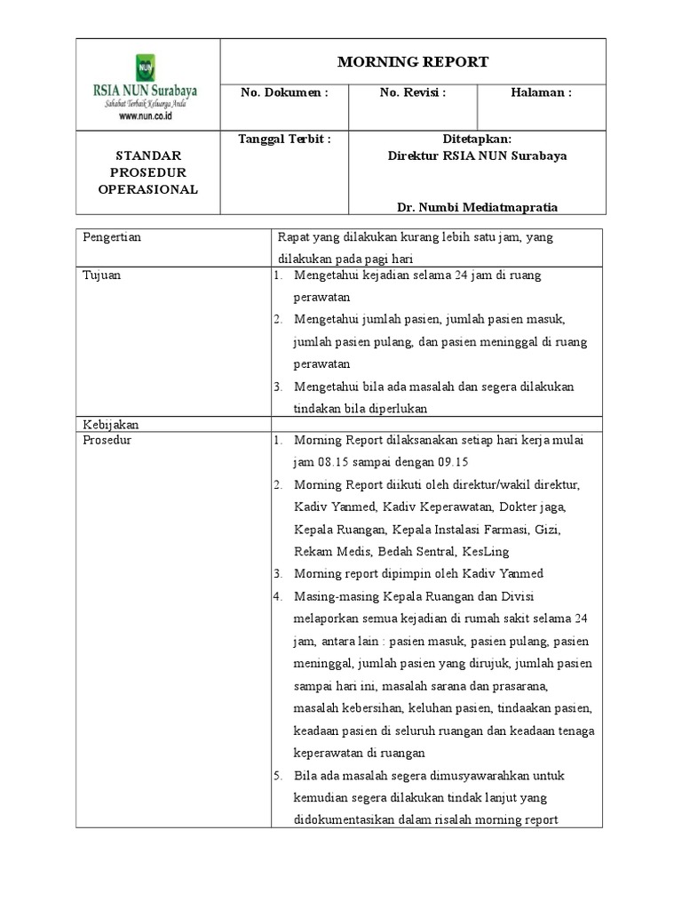 Prosedur Morning Report Rumah Sakit | PDF | Sains & Matematika